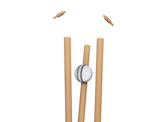 Cricket ball hitting wicket stumps knocking bails out against blue sky background. Bails fly from cricket stumps as ball hits on grass field. Close-up of cricket stumps and bails. 3D Rendering