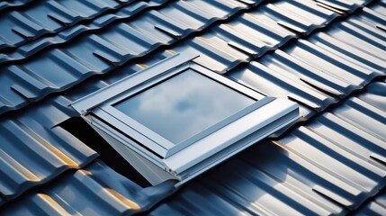 Roof is covered and skylights with rows of gray metal tiles. - obrazy, fototapety, plakaty
