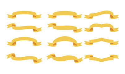 Gold ribbon set blank flat template. labels, badges and banners. vector illustration
