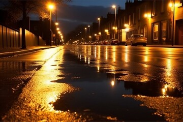Fototapeta na wymiar peaceful evening: bright road with shimmering pole reflections on damp pavement. Generative AI