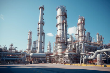 Obraz premium Aerial view of Petrochemical industry refinery in the morning background. Energy Industrial plant oil station, manufacturing for fuel and energy, furnace factory line.