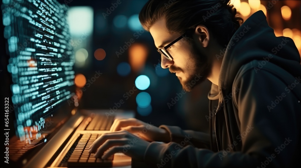 Fototapete technician man using a laptop while working in a data centre.