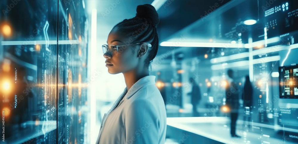 Leinwandbilder data engineer woman working with supercomputer server cabinets in a modern office of a technology co