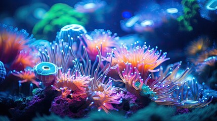 Close-up photo of coral reef background Bright neon coral reefs, sea anemones and sea plants