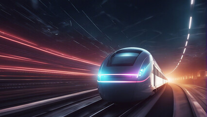 Fast modern express passenger train on high speed railway moving from flash light generated by AI - obrazy, fototapety, plakaty