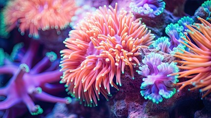 Naklejka na ściany i meble Close-up photo of coral reef background Bright neon coral reefs, sea anemones and sea plants