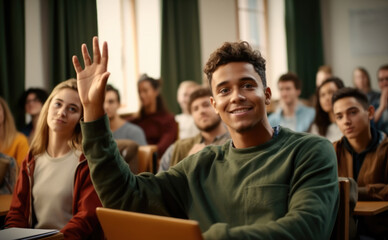 Smiling African American man student raising her hand to ask a question during listen lecture in the classroom. - obrazy, fototapety, plakaty