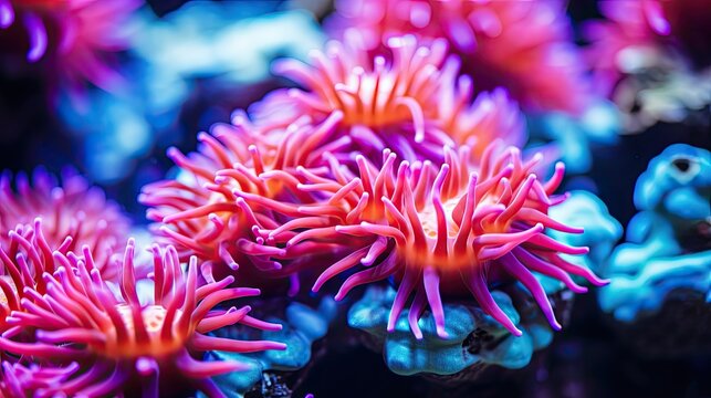 Close-up photo of coral reef background Bright neon coral reefs, sea anemones and sea plants