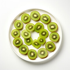 Fototapeta Artfully arranged array of sliced kiwi on a white plate isolated on a white background  obraz