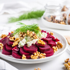 Fototapeta Beetroot salad with goat cheese walnuts and dill on white background  obraz