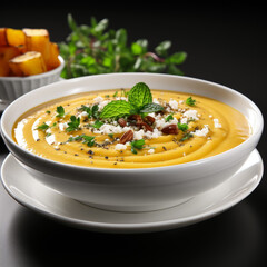 Fototapeta Butternut squash soup elegantly served in a bowl on a white background  obraz