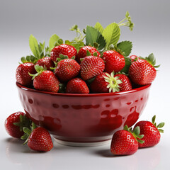 Fototapeta Ceramic bowl of freshly picked strawberries isolated on a white background  obraz