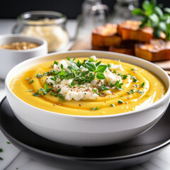 Butternut squash soup elegantly served in a bowl on a white background 