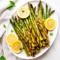 Grilled asparagus spears topped with lemon slices presented on a white surface 