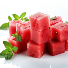 Juicy watermelon cubes arranged neatly against a clean white background 