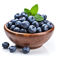 Pile of freshly harvested blueberries in a rustic bowl isolated on a white background 