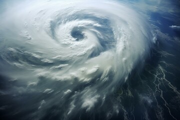 An aerial perspective of a powerful cyclone swirling amidst a cloud-filled sky. Generative AI