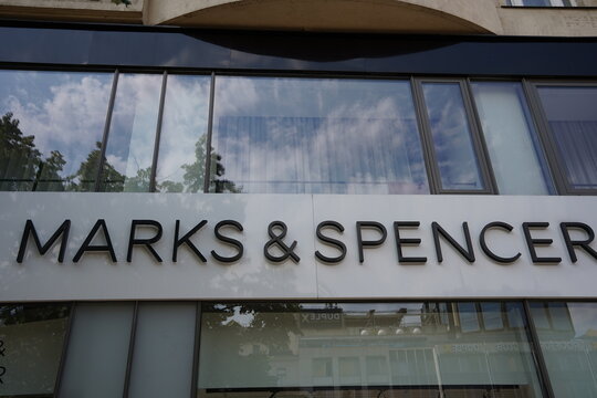 Prague, Czech Republic - July 10, ‎2022:An image of the name and logo of Marks and Spencer retail shops now operating world wide in food, clothing .