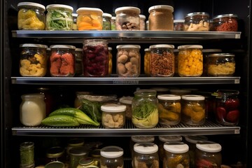 Variety of food items and ingredients stored in climate-controlled cabinets. Generative AI