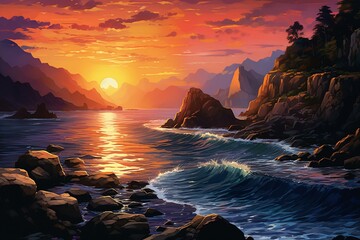 Illustration of sunset on a rocky beach near the mountains. Generative AI - obrazy, fototapety, plakaty