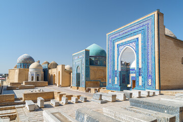 Awesome view of the Shah-i-Zinda Ensemble, Samarkand, Uzbekistan - obrazy, fototapety, plakaty