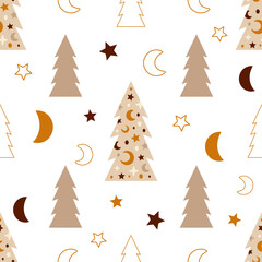 Boho Christmas seamless pattern with Christmas trees, moon and stars. Winter holiday background in vector flat style