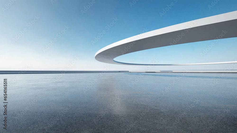 Aufkleber 3d render of abstract futuristic architecture with empty concrete floor. Scene for car presentation.