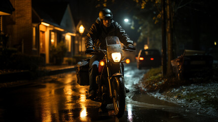 An urban scene showing a motorcycle rider navigating through city streets, embodying the excitement and energy of urban exploration.  A package distributor.
