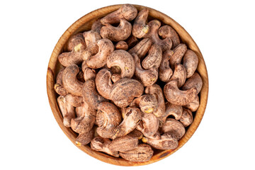 Cashews with shell in wood bowl. Shelled cashew isolated on white background. Top view