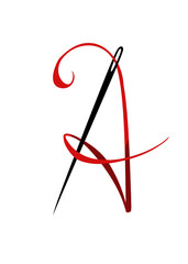 the letter A represented as a thread threaded through a needle