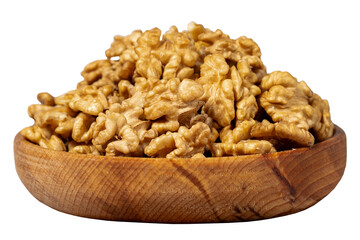 Walnut in wood bowl. Walnut peeled isolated on white background. Close up