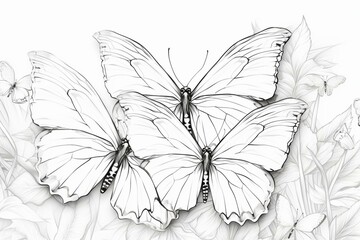 A coloring page featuring line art of butterflies. Generative AI