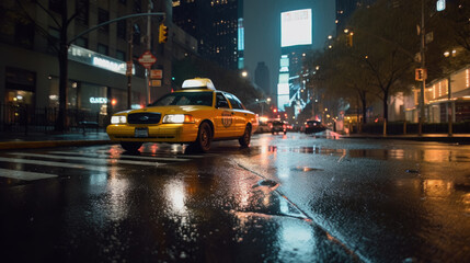 A taxi through the city streets on a quiet autumn night - obrazy, fototapety, plakaty