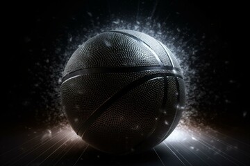 Illustration of a scratched metallic black basketball with rotating particles on a spotlit background. Generative AI