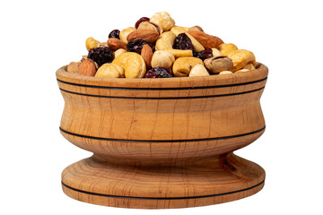 Mixed nuts in wood bowl. Nuts isolated on white background. Mixed nuts prepared with hazelnuts, almonds, cashews, pistachios, pistachios and grapes
