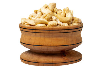 Cashew in wood bowl. Roasted cashews isolated on white background