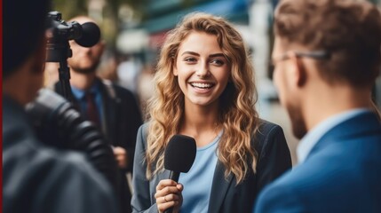 Young politician woman during interviewed live by a tv broadcast channel.