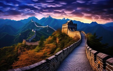 Breathtaking scene with the Great Wall winding along the northern border of China, stretching far into the distance along the mountain range, illuminated by the moonlight of the night. Generative AI