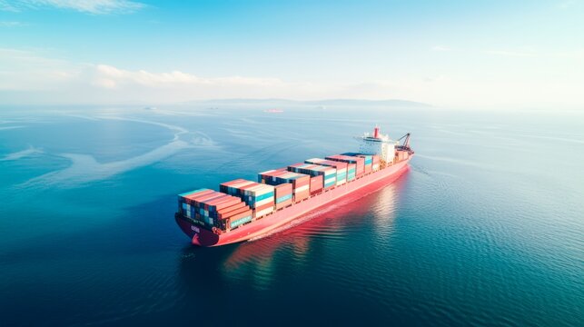 Ultra large container vessel (ULCV 366 Meters long) loaded with various Container brands, at sea - Aerial image.