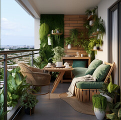 Fototapeta na wymiar balcony design a small kitchen, a green wall with a wiker and wooden theme