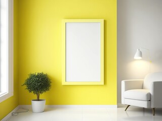 Empty White Frame on Yellow Wall, Modern Living Room, using Generative ai