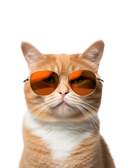 close-up photo of a cool cat posing wearing glasses and looking cool isolated on a white background