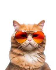 close-up photo of a cool cat posing wearing glasses and looking cool isolated on a white background