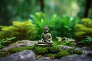 Blurred green nature with Buddha statue on a rock, representing Asian spirit and Zen garden. Generative AI