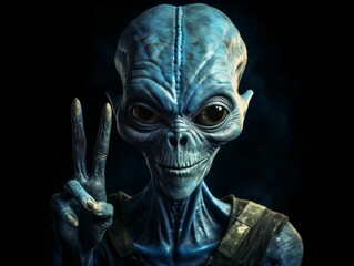Alien Showing Peace Sign in Dark Background