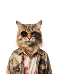 portrait of a cool cat wearing summer clothes and sunglasses isolated on a white background
