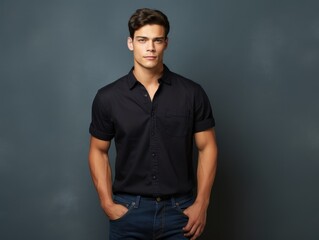 Obraz premium Handsome Fictional White Male Model in Casual Clothes Posing on a Plain Neutral Background. Attractuve Muscular and Confident Person Portrait. Generative AI.