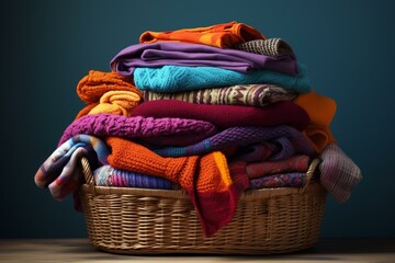 Vibrant basket of blankets near wall, stacked with more blankets. Generative AI