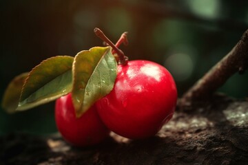 a close-up of a red fruit on a natural background. Generative AI