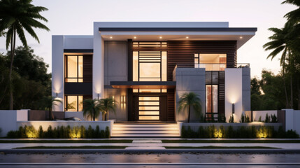 Design a contemporary two-story house exterior with a striking dark-colored main gate and light-colored wall paint. Incorporate a spacious balcony with concealed lighting for a modern and elegant look - obrazy, fototapety, plakaty